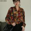 HOUZHOU Printed Blouses Women Loose Vintage Elegant Chic Casual Ins Oversized