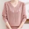 Women's V-neck Plus Size Sweater Rhinestone Long Sleeve Loose Knit Top Pullover Knitwear