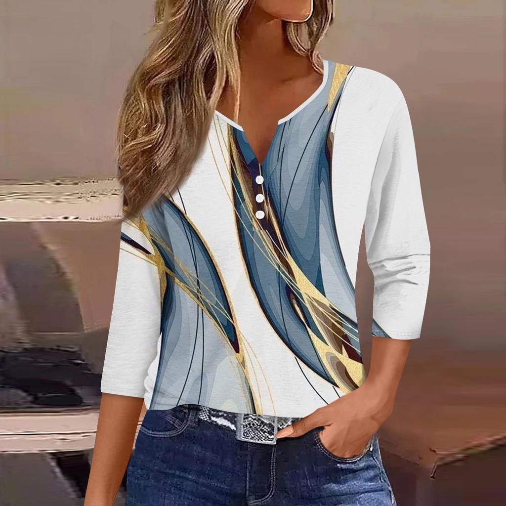 Жен. Футболка Футболка С принтом Пуговицы Рукав 3/4 Повседневные Выходные Мода Классический Классический V-образный вырез Обычный Верх