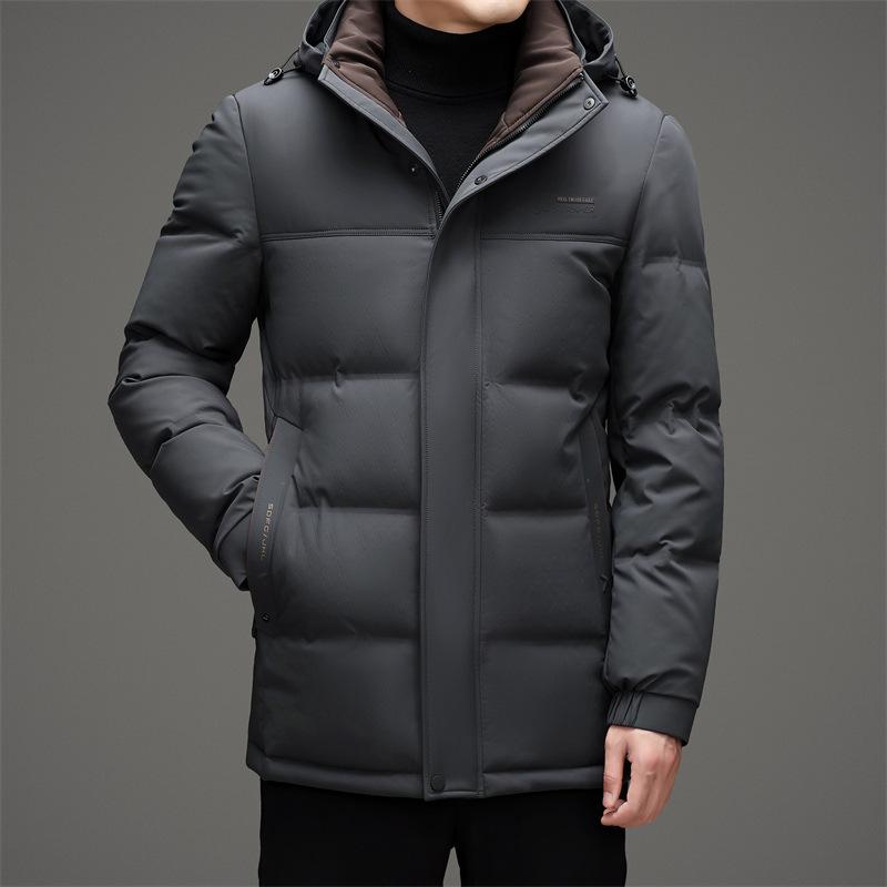 Зимняя новая мужская куртка-пуховик из молочного шелка средней длины с белым утиным пухом для среднего возраста, теплая повседневная куртка с капюшоном