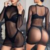 Women Dress Sexy See Through Sheer Bodycon Dress Solid Color Long Sleeve See Through Sheer Nightwear