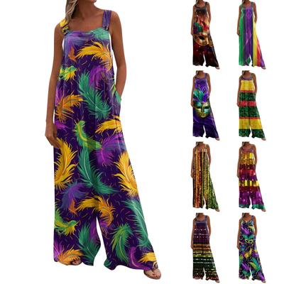 Широкий комбинезон для женщин, повседневный свободный комбинезон без рукавов с принтом и пуговицами, длинные брюки, комбинезон с карманами
