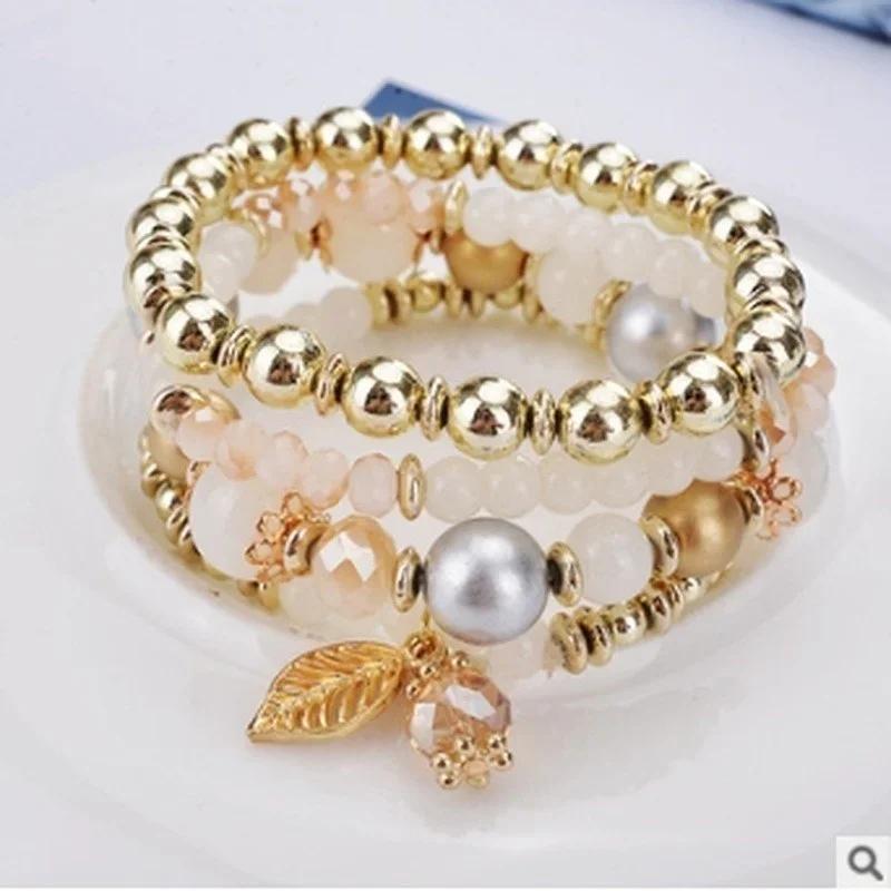 4 шт. Модный и простой кулон из хрустальных бусин с ветвями и листьями, универсальный многослойный браслет с бусинами, демонстрирующий темперамент женщины.