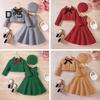 4 шт./компл., платье для девочек, куртка-берет, шапка с лентой и бантом, осень-зима, однотонное короткое пальто с отложным воротником, без рукавов, с круглым вырезом, комплект платьев трапециевидной формы с рюшами по подолу