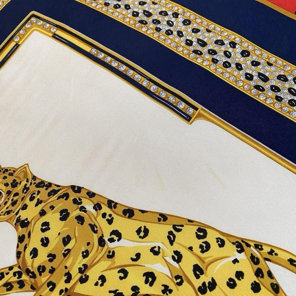 Used Cartier Scarf Silk Panther White Navy Red Large Vintage