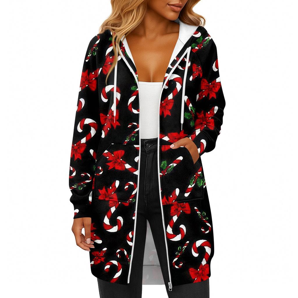 Women's Fashionable Christmas Printed Long Sleeved Drawstring Hooded Zipper Pocket Long Casual Sweatshirt Jacket