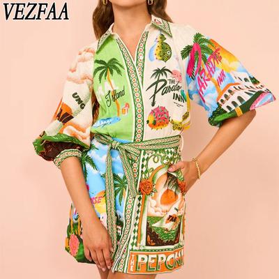 Женская мода лето весна цветочный узор принт короткий рукав поло воротник средняя талия повседневные платья