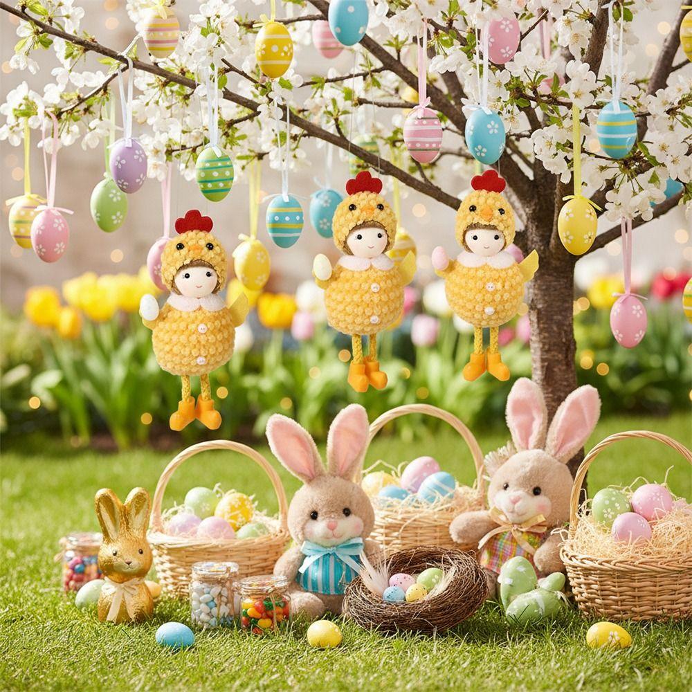 Creative Cartoon Chiken Easter Dolls Hanging Ornaments Yellow Scene Model Hanging with Eggs Easter Chicken Festival Supplies