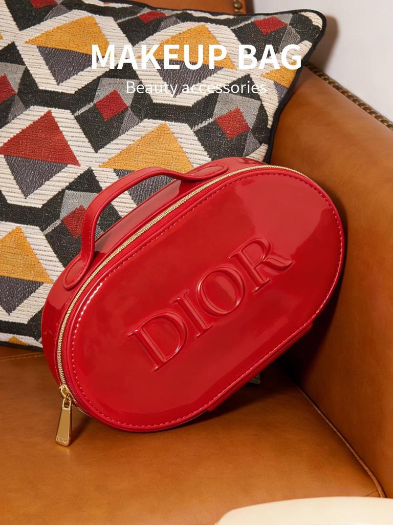 Dior Красная глянцевая косметичка с ручкой, Портативный дорожный органайзер для макияжа