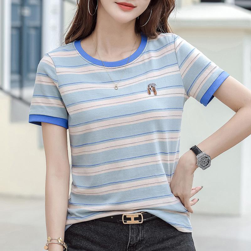 Летние хлопковые свободные футболки с короткими рукавами, женские топы в полоску