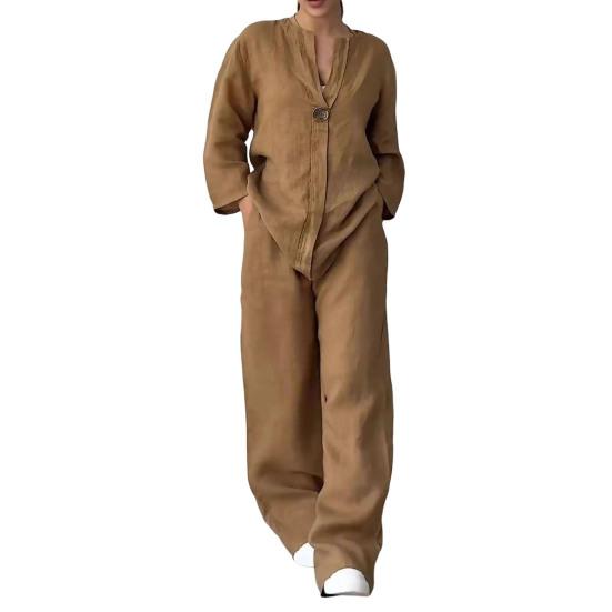 2 Pcs/Set Blouse Pants Set V Neck Long Sleeves Button Decor Top Wide Leg Loose Drawstring Elastic Waist Trousers OL Commute Casual Homewear Outfit