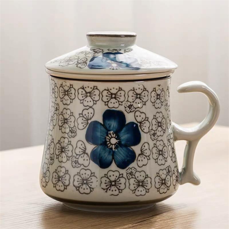 Hi Blue and White Porcelain Tea Cup Ceramic Hand Painted Retro Water Separation Mug with Cover Filter Office Teacups Drinkware