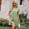 Floral Dress Women Spring Autumn V Neck Short Sleeve Loose Chic Printed S-XL