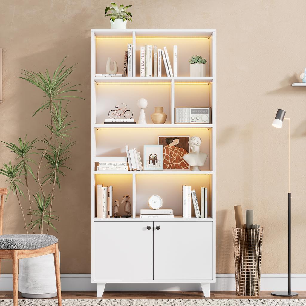 80x30x173cm Bookshelf, Solid Wood Legs, Multiple Storage Compartments, Double Doors, LED Color-Changing Ambient Light, App Control, White