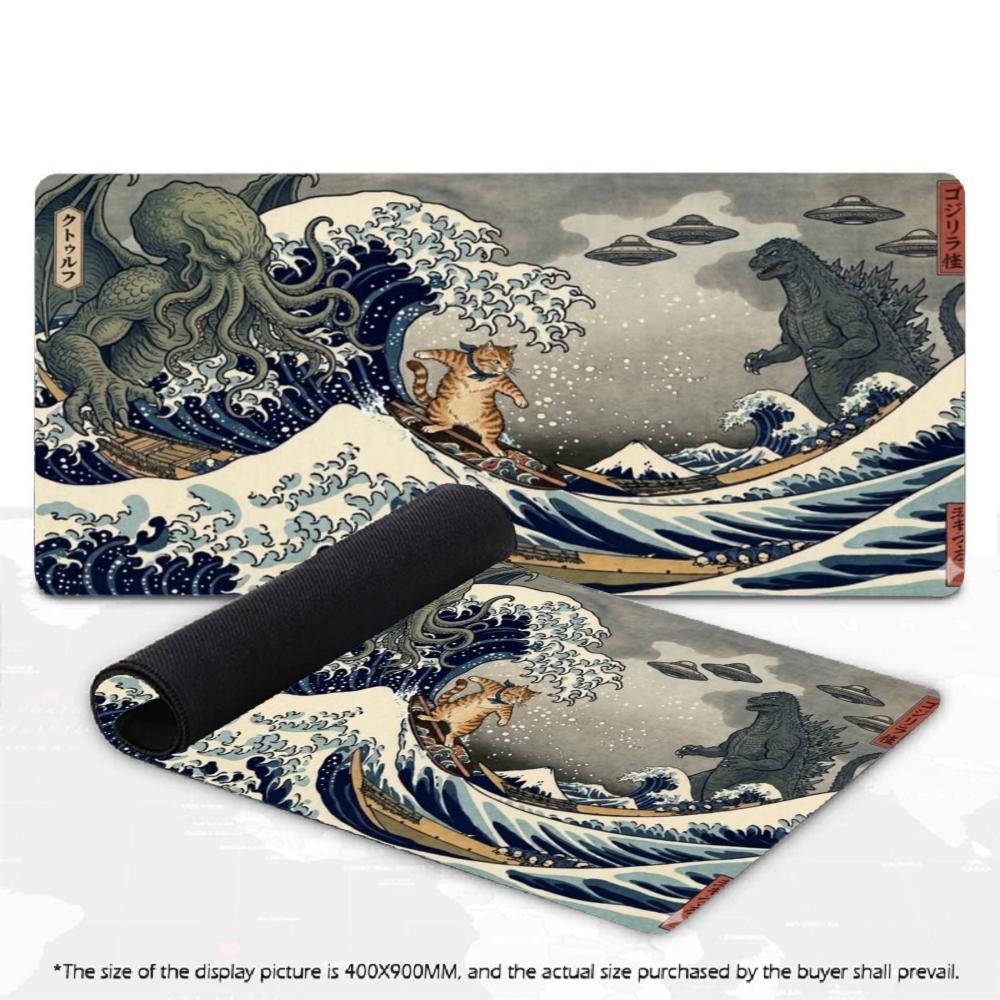 Japanese Ukiyo Wave Black Cat Koi Floral XXL Gaming Mouse Pad Non-Slip Rubber Keyboard Pad Desktop Office Computer Desk Mats