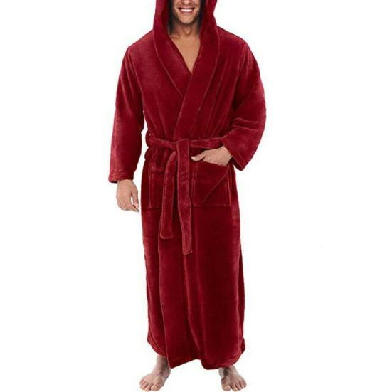 Men Soft Coral Fleece Solid Color Pockets Long Bath Robe Home Gown Sleepwear