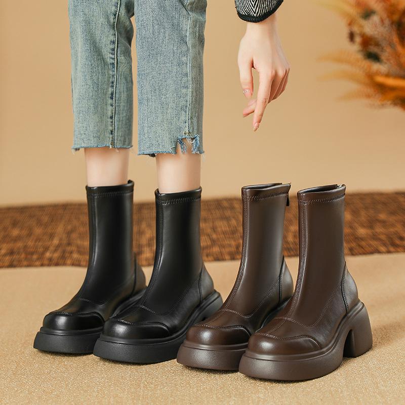 Small Man with Tall, Thick Sole Elastic Slim Boots Waterproof Platform Thick Heel Korean Short Boots for Women Light Bottom Autumn and Winter Boots