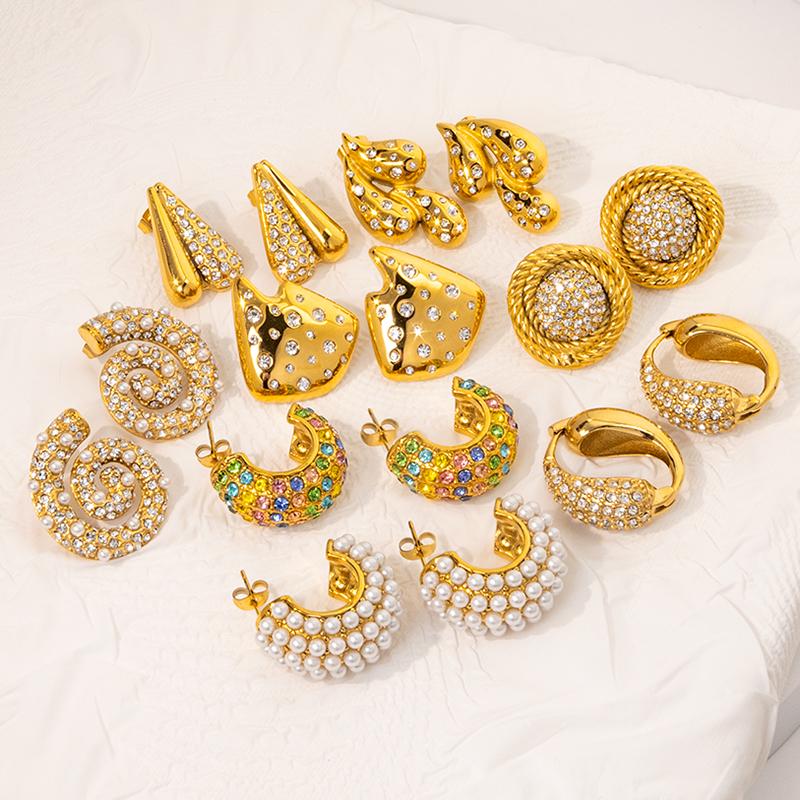 Stainless Steel 18k Gold Plated Earrings Zircon Pearl Hoop Earrings Simple Colorful Fashion Jewelry Set Accessories for Women