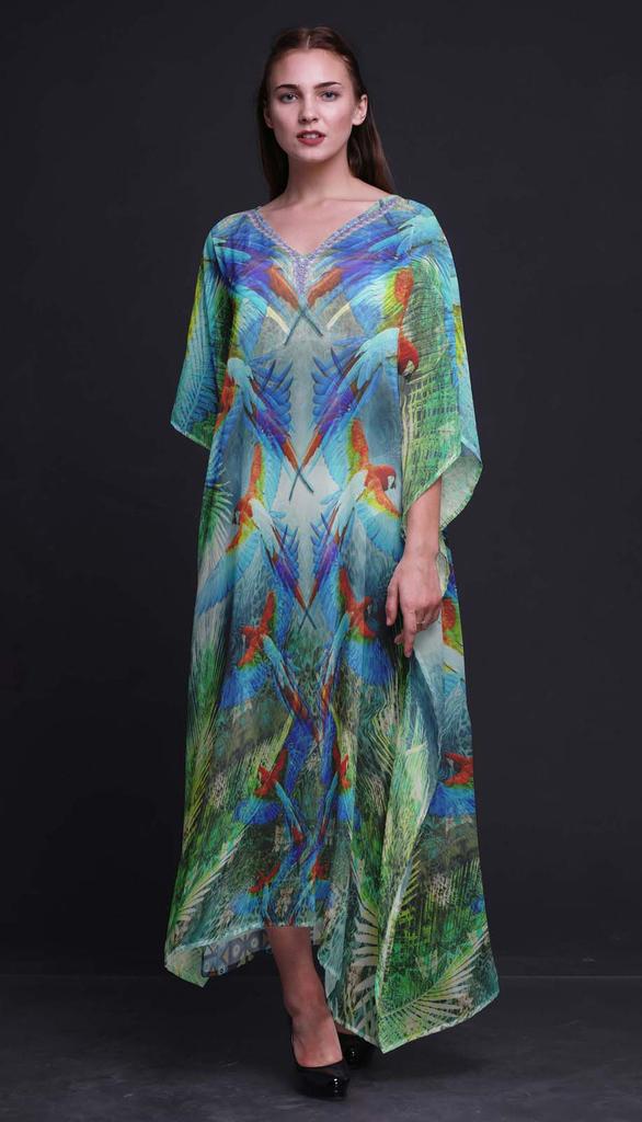Phagun Branch & Colorful Parrot Bird Long Caftan Maxi Dress Beach Swimwear Cover Up Womens