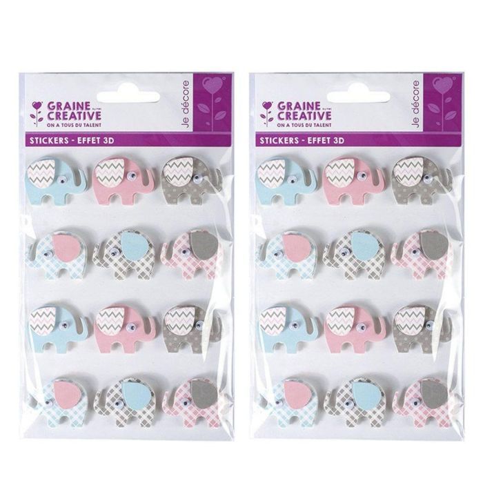 24 stickers 3D élephants 4,3 cm