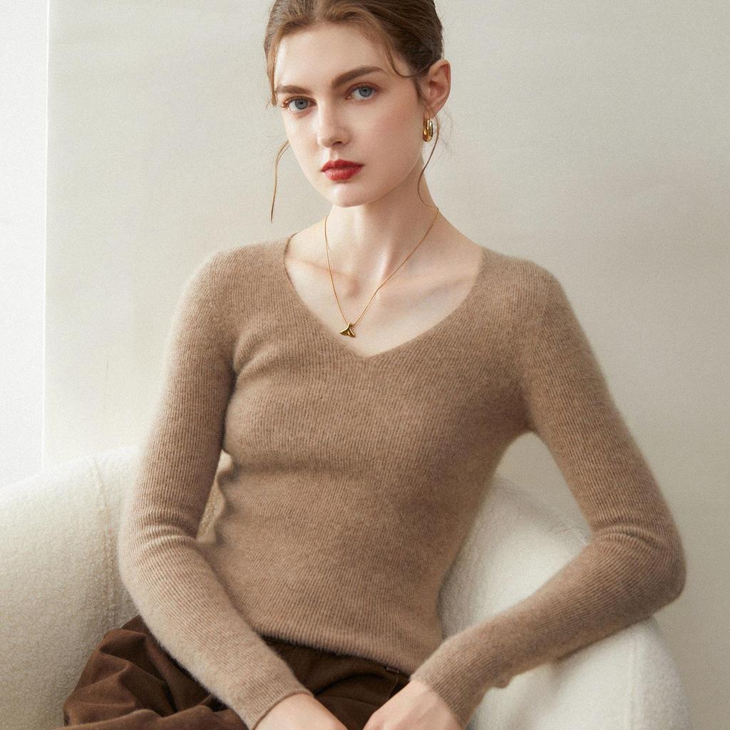 Women's 100% Pure Cashmere V-neck Seamless Ribbed Slim-fit Sweater