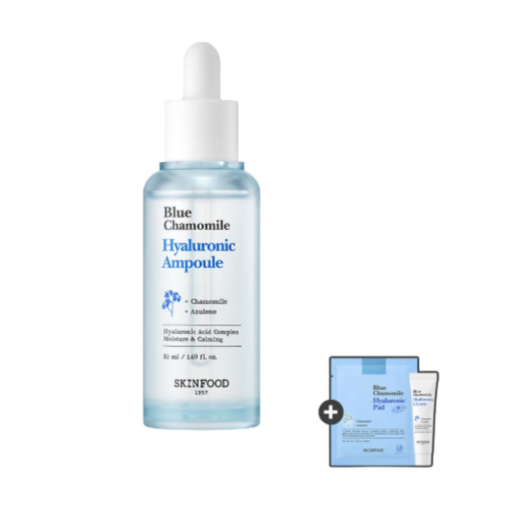 Skinfood Blue Chamomile Hyaluronic Moisture Ampoule 50ml[Includes Blue Pads 2pcs + Cream 15ml]