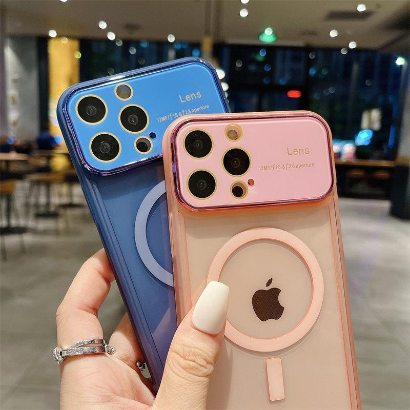 Роскошный чехол для линз с большим окном, магнитный чехол из ТПУ для беспроводной зарядки для iPhone 14 13 12 11 Pro Max, универсальный защитный чехол от падения