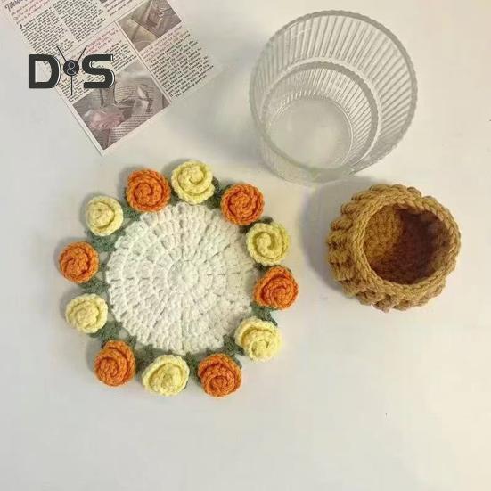 Набор для вязания крючком подставки под стакан с дизайном букета роз, материал из пряжи, устойчивой к усадке, трансформируемая подставка под стакан в виде цветка, подарок ручной работы на день рождения