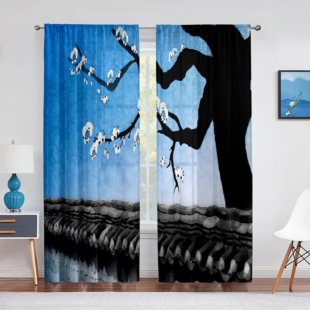 Птицы на ветке вишни, картина тушью, тюлевые шторы-вуали для спальни, оконные занавески для гостиной, прозрачные шторы, шторы