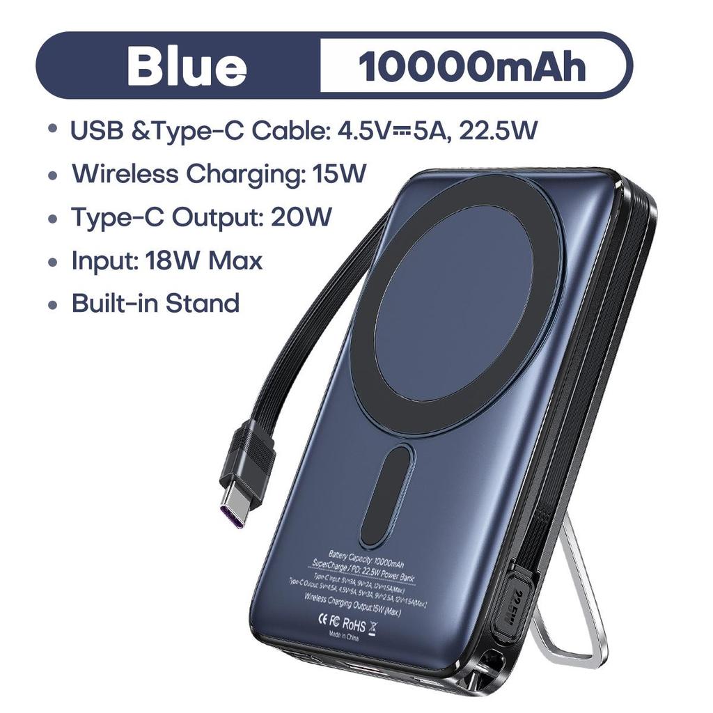 TUODES Магнитный повербанк 22,5 Вт 10000 мАч Беспроводная быстрая зарядка 15 Вт Складная подставка Внешний аккумулятор для iPhone 16 15 Для Magsafe