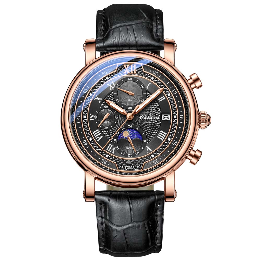 CHENXI MultiFunction Men's Quartz Watch True Triple-Eye Six-Hand Men's Watch Moon Phase Calendar Chronograph Men's Wristwatch