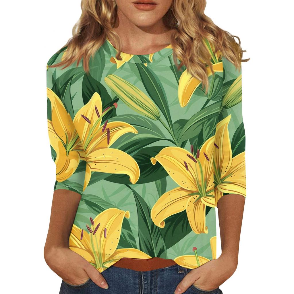 Women's Floral Print Round Neck Top With Three Quarter Sleeves T-Shirt Three Quarter Sleeves T-Shirt