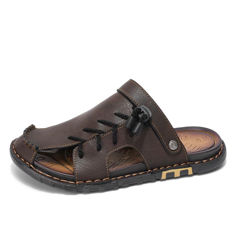 Модные летние мужские повседневные кожаные шлепанцы-вьетнамки в стиле ретро, мюли, полусабо, модные повседневные пляжные сандалии двойного назначения