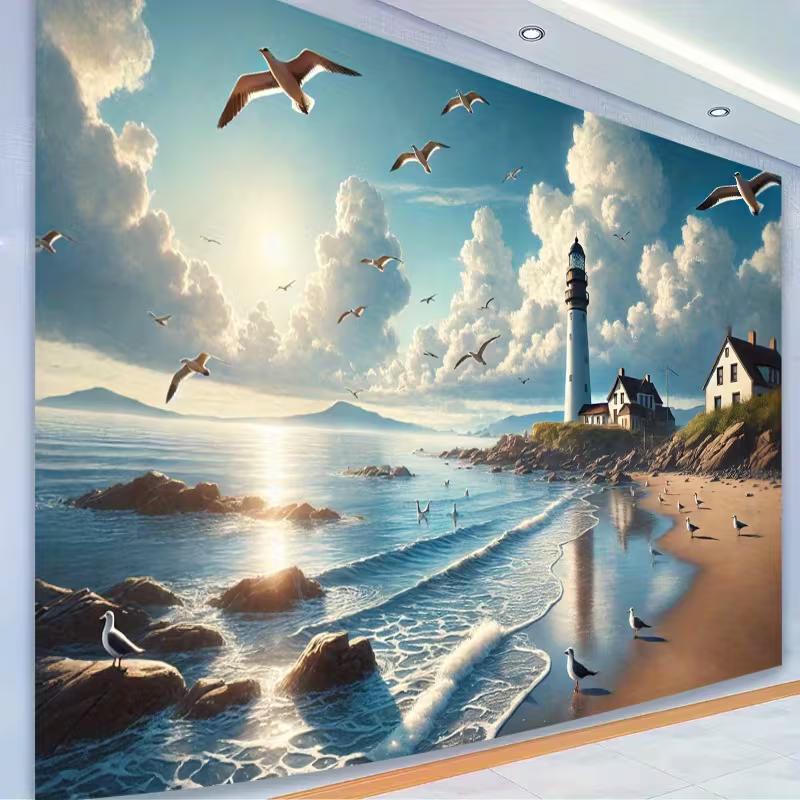 Двумерный фон для прибрежной морской вечеринки, фон с маяком и чайкой для декора летней вечеринки
