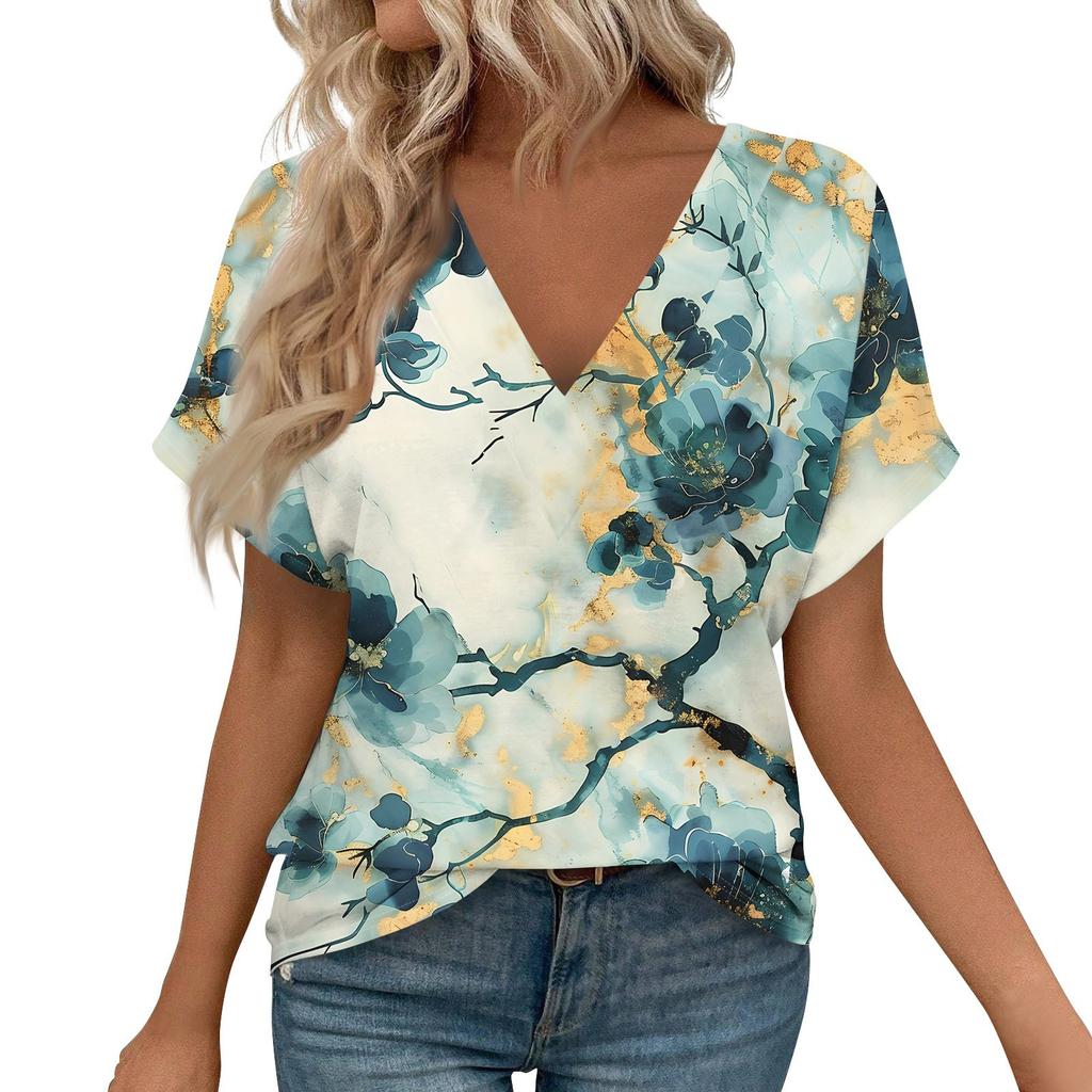 Women's Short Sleeve Shirts V Neck Print Tops Casual Tops Basic Tees Blouse Loose Tops