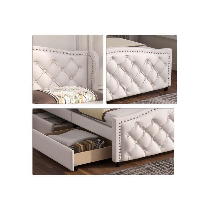 Lit capitonné - MUVOE - 140 x 200 cm - 2 tiroirs - Tête de lit haute - Bois et simili cuir blanc