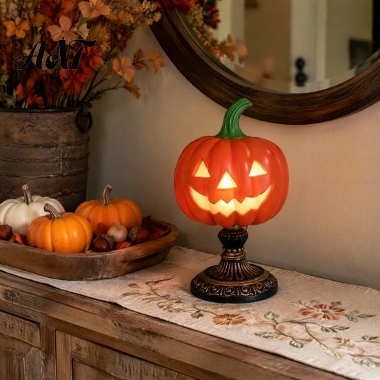 Cozy Ambient Lighting Stained Glass Halloween Pumpkin Table Lamp, USB Powered Resin Night Light with Vintage Style Shelf Ornaments Warm Glow,