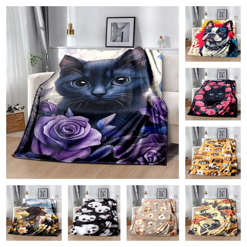Black Cat & Purple Rose Print Flannel Blanket, Soft Cozy Warm Throw for Bed Sofa Couch, All Season Lightweight Plush Bedding