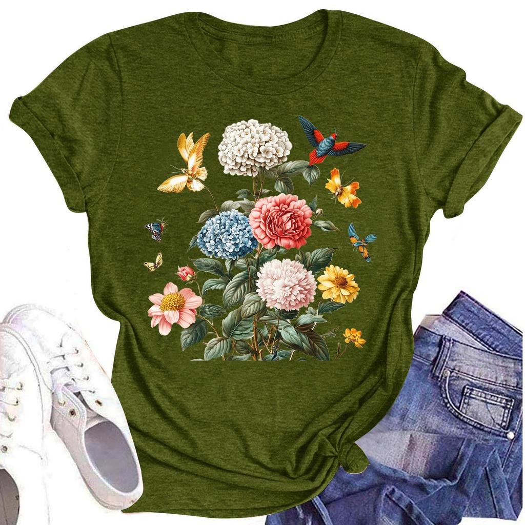 Женская повседневная футболка с круглым вырезом и цветочным принтом, короткий рукав