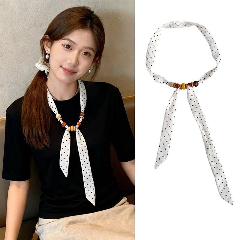 Coffee blue retro wood beads long silk women versatile streamer neck protection scarf new small scarf spring, summer and autumn