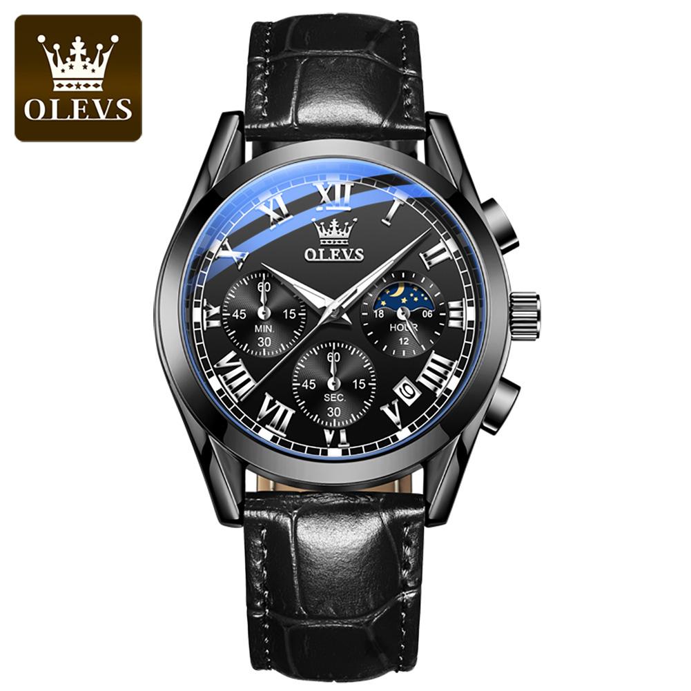 OLEVS 2871 Luxury Waterproof Quartz Watch for Men Leather Strap Mens Wristwatches Date Moon Phase Luminous Clock Reloj Hombre