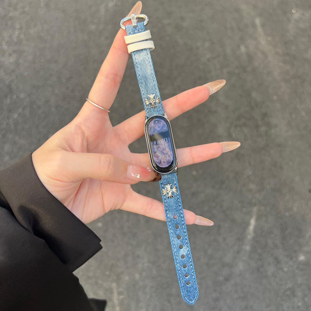 Для Xiaomi Smart Band 10 Модный женский холщовый + кожаный ремешок для часов Cowboy Cross-dye denim, совместимый с Xiaomi Mi Band 10/9/8
