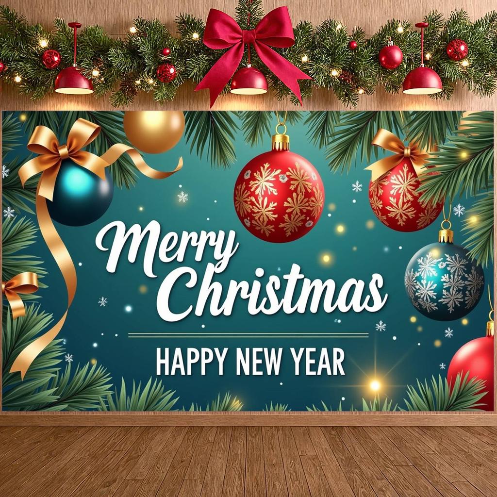 Merry Christmas Banner Colorful Ornaments Holiday Banner Christmas Party Banner Gold Bows For Indoor Decoration Office Home