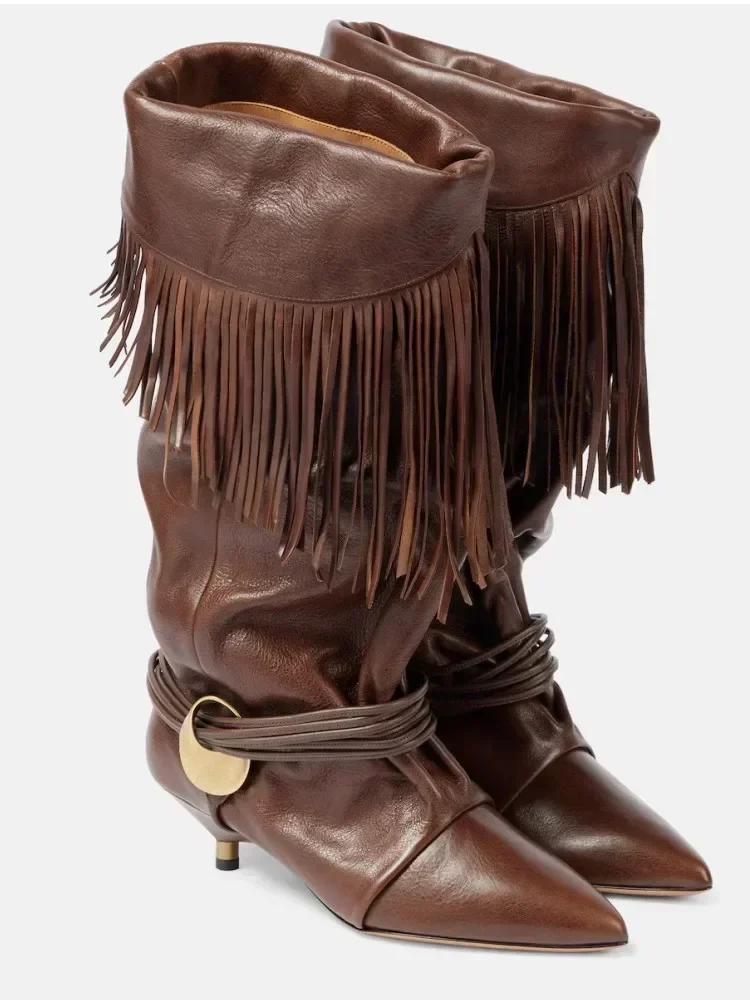 Новые женские европейские и американские остроносые плиссированные ботильоны до икры с бахромой на тонком каблуке 5 см, рыцарские сапоги, ботинки средней длины больших размеров