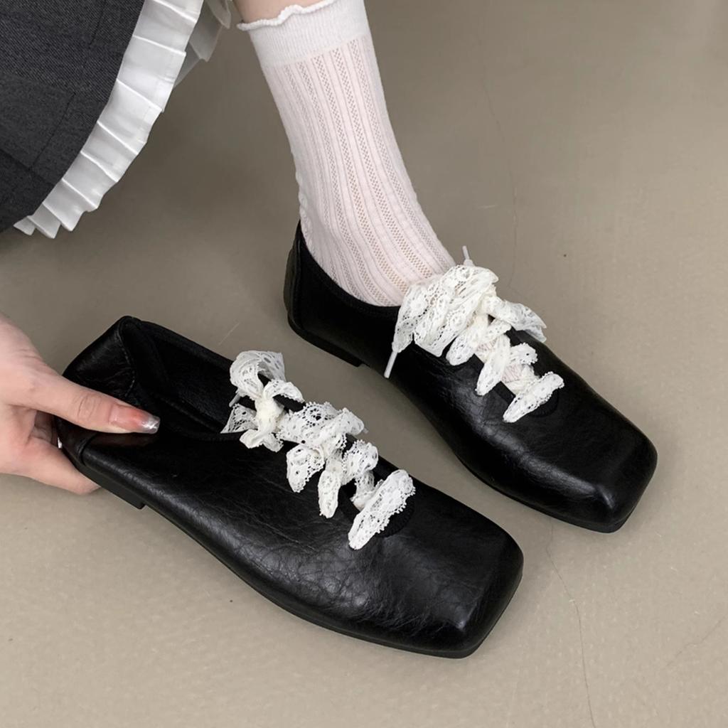 Женская Мода Туфли на Толстом Каблуке Весна Новинка Квадратный Носок Шнуровка Спереди Противоскользящие Износостойкие Высокие Каблуки