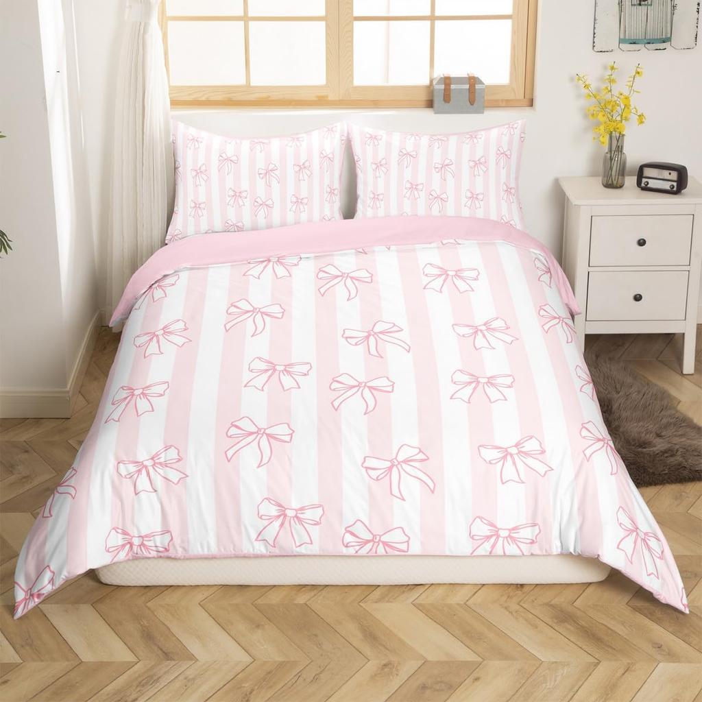 Cute Kawaii Bowknot Kids Duvet Cover Geometric Plaid Butterfly Knot Quilt Cover For Girls Teen Women Adults 3 Pcs No Quilt