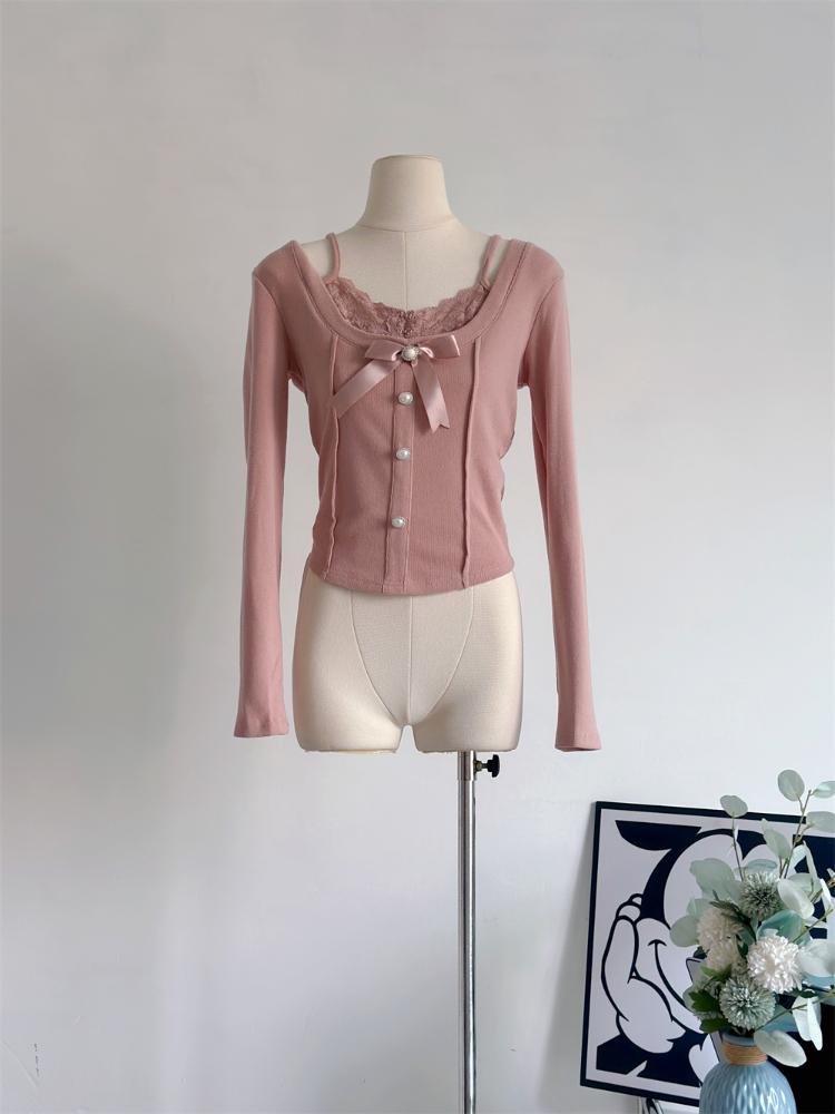 Винтажные футболки из двух предметов для девочек Mori Girl, женские кружевные лоскутные укороченные топы с милым бантом, женский эстетический однотонный пуловер Kawaii, новый