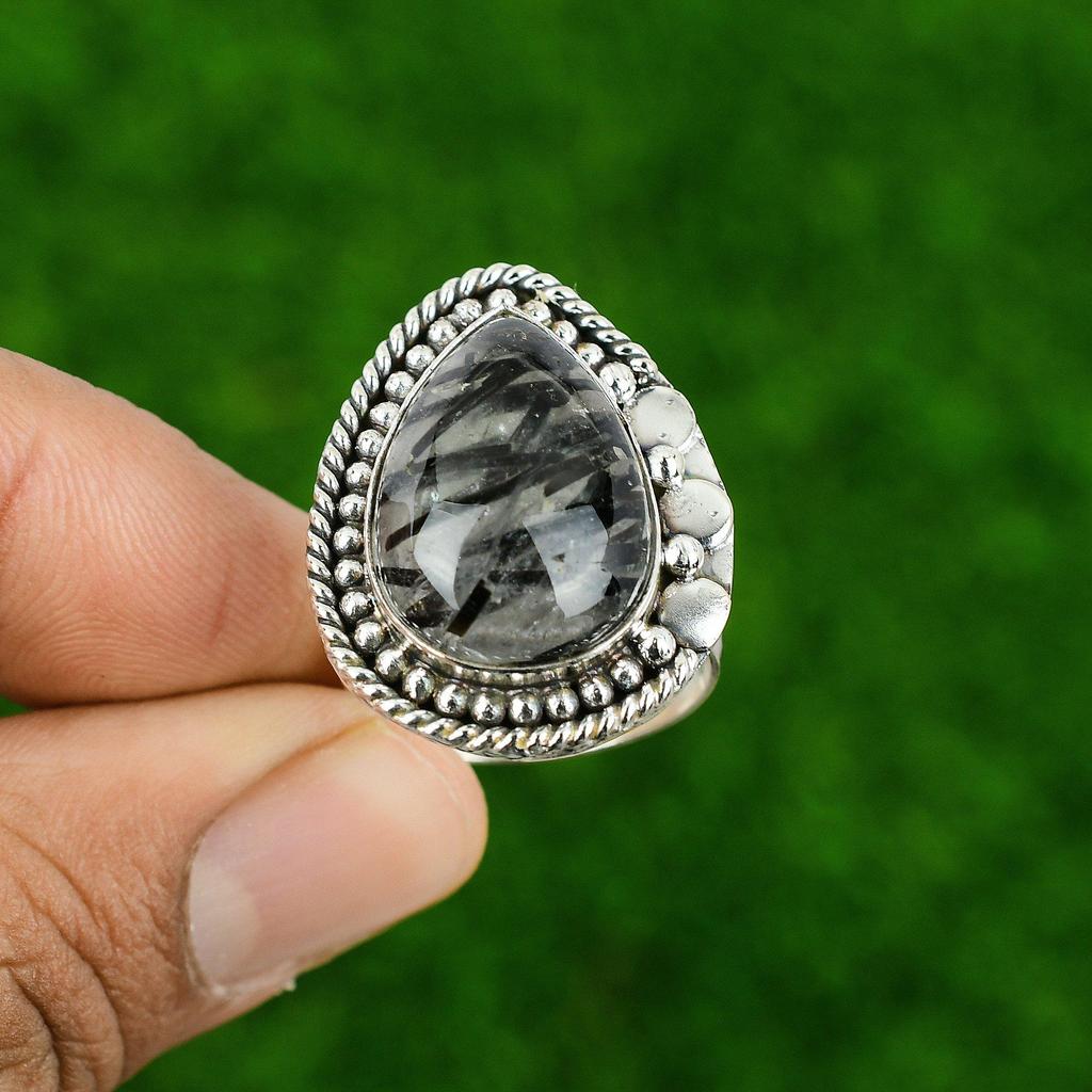 925 Sterling Silver Pear Natural Black Rutile Bezel Unique Statement Sister Ring