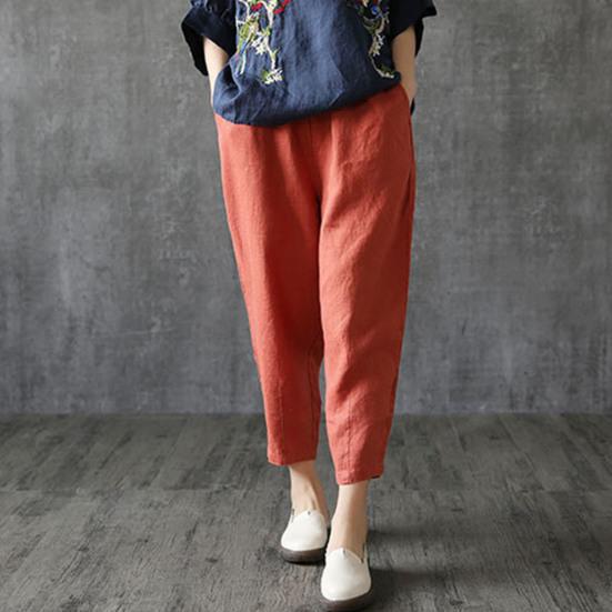 Women Harem Pants Solid Color Loose Fit Slacks with Pockets Elastic High Waist Retro Casual Trousers Streetwear