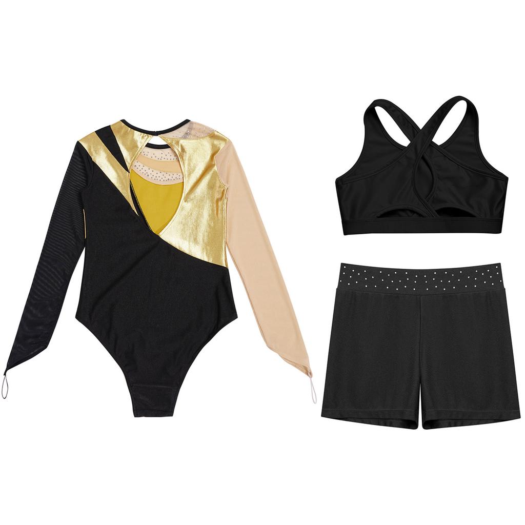 Гимнастический купальник для девочек и детей с шортами, с длинным рукавом, для акробатики, балета, танцев, юнитард с активным жилетом